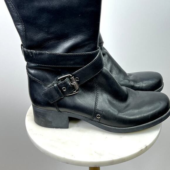 Franco Sarto Piston Tall 100% Leather Black Boots with Buckle Detailing SZ 7 1/2 - Picture 2 of 12
